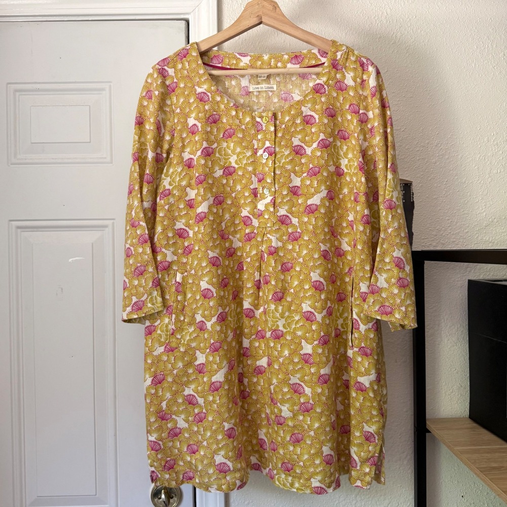 WHITE STUFF mustard yellow white pink floral linen long sleeve mini tunic dress